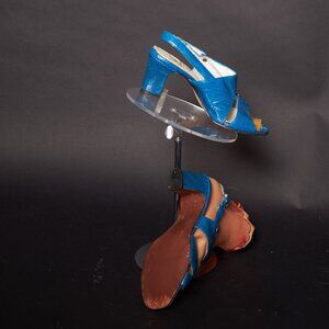1970s Chunky Bright Blue Strappy Open Heels Shoes